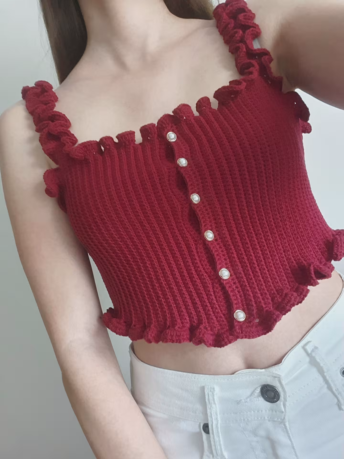 Livia Top burgundy ruffled crochet design
